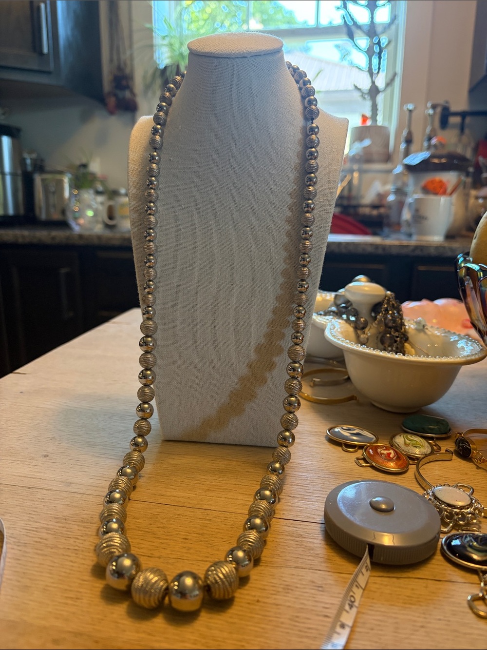 Korean Made Long Silver Tone Metal Bead Necklace on Silver Tone Chain